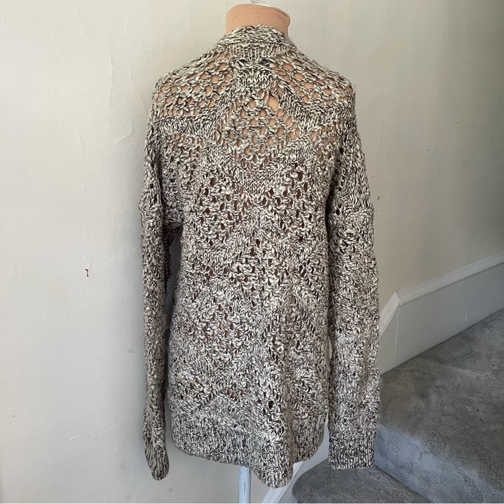 Lucky Brand Beige Wool Blend Woven Long Open Shawl Front Open Cardigan Sweater M - Picture 3 of 7
